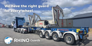 Trailer with RHINO plastic self steer mudguard fitted over steering axle, designed for PBS and HPMV compliance