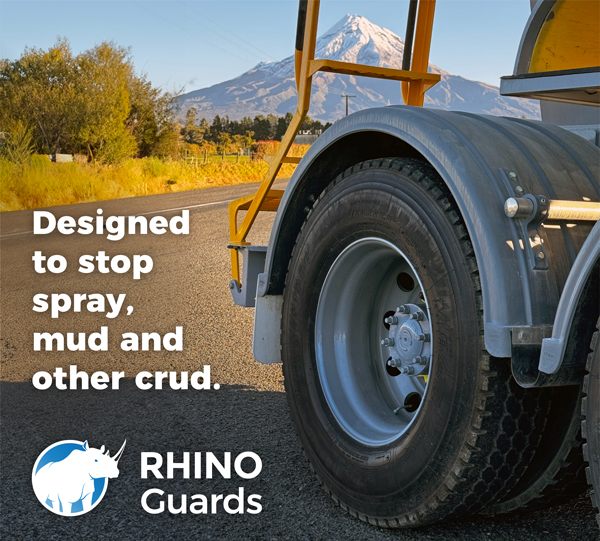 RHINO stainless steel chassis pole and mudguard in front of Mount Taranaki – designed to stop spray, mud and other crud.