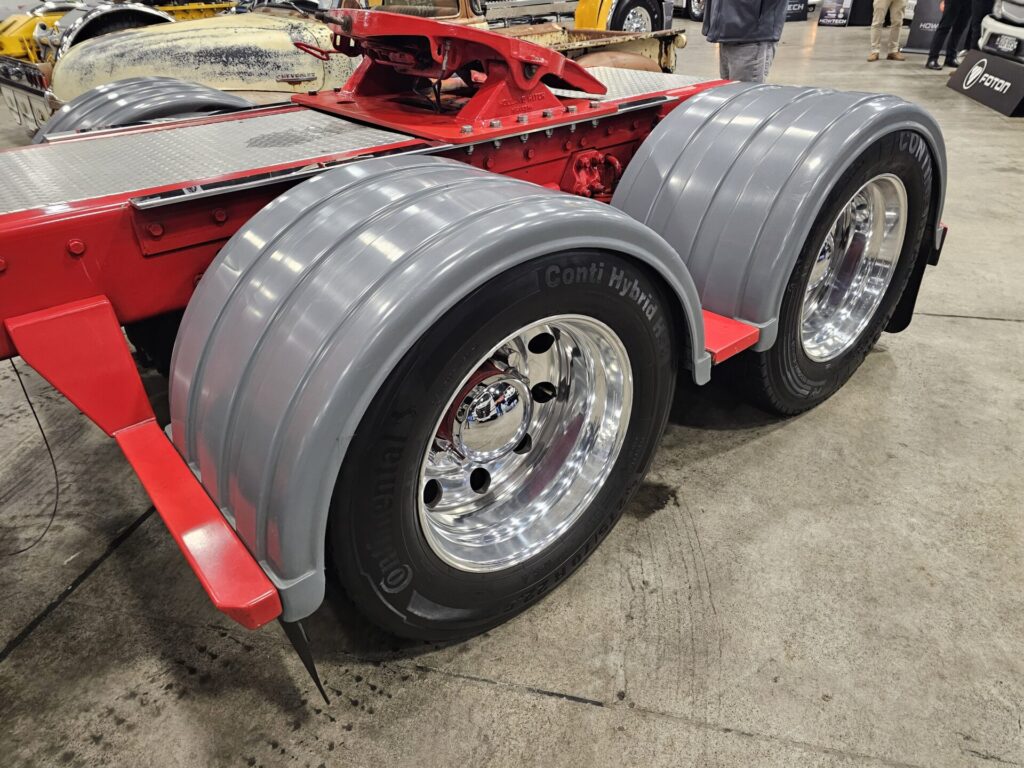 Heavy truck dual axle with RHINO guards fitted over 275/70R22.5 tyres.